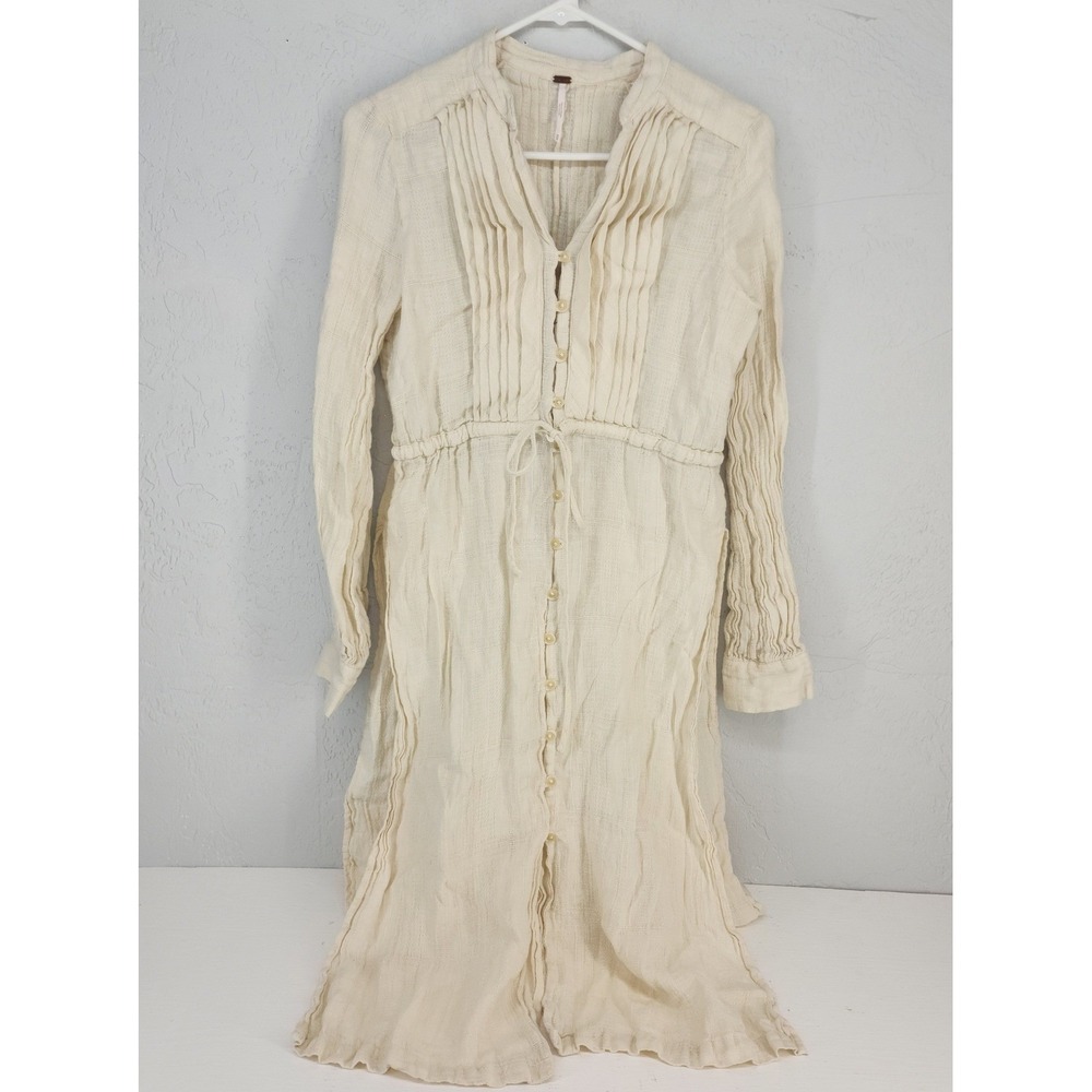 Free People XS | Linen Cream Pleated Button Front Drawstring Midi Maxi Top Dress